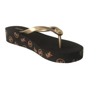 MICHAEL KORS Bedford Signature Brown Gold Thongs Wedges Flip Flops Size 8 New